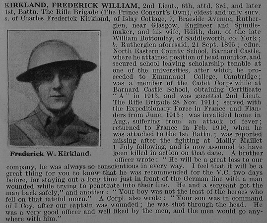 Kirkland F W 2nd Lt 1st Rifle Brigade Obit De Ruvignys Roll Of Honour Vol 3