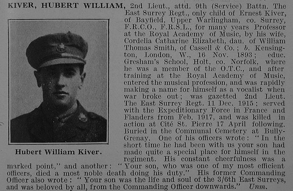 Kiver H W 2nd Lt 9th East Surrey Regiment Obit De Ruvignys Roll Of Honour Vol 3