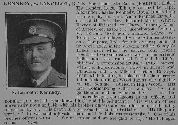 Kennedy S L 2nd Lt 8th London Regiment Obit De Ruvignys Roll Of Honour Vol 3