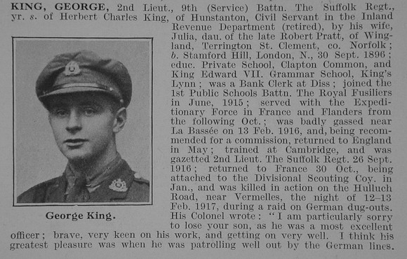 King G 2nd Lt 9th Suffolk Regiment Obit Part 1 De Ruvignys Roll Of Honour Vol 3