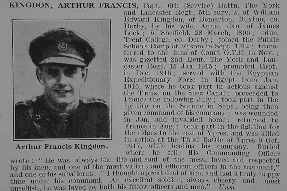 Kingdon A F Captain 6th Yotk & Lancs Regiment Obit De Ruvignys Roll Of Honour Vol 3