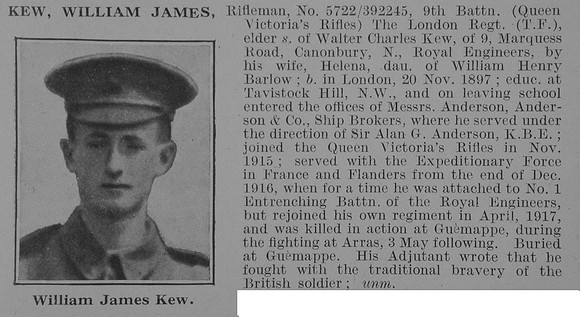 Kew W J Rfn 9th London Regiment Obit De Ruvignys Roll Of Honour Vol 3