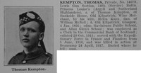 Kempton T Pte 14th Argyll & Sutherland Highlanders Obit De Ruvignys Roll Of Honour Vol 3