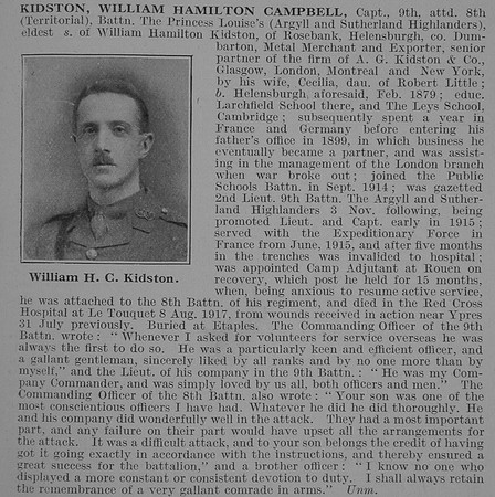Kidston W H C Captain 9th Attd 8th Argyll & Sutherland Highlanders Obit De Ruvignys Roll Of Honour Vol 3