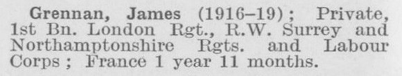 Grennan J Pte 1st London Regiment (LCC Chief Engineers Department Central Office)