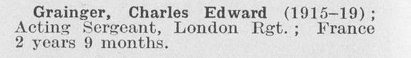 Grainger C E Acting Sergt London Regiment LCC Staff Sewerage And Drainage
