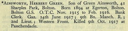 Ainsworth H G 2nd Lt 9th Manchester Regiment