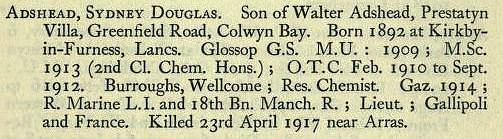 Adshead S D Lt 18th Manchester Regiment