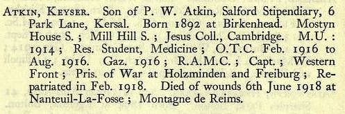Atkin K Captain Royal Army Medical Corps