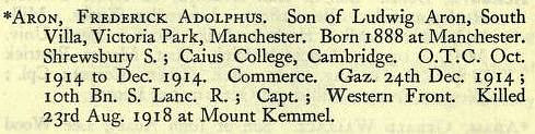 Aron F A Captain 10th South Lancs Regiment