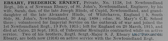 Ebsary F E Pte 1138 1st Newfoundland Regiment Obit