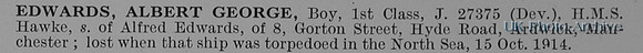 Edwards A G Boy 1st Class J27375 HMS Hawke Royal Navy Obit