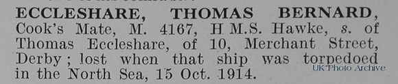 Eccleshare T B Cooks Mate 4167 HMS Hawke Royal Navy Obit