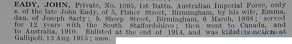Eady J Pte 1095 1st Australian Imperial Force Obit
