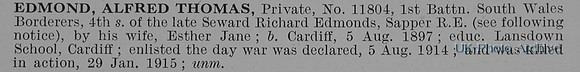Edmond A T Pte 11804 1st South Wales Borderers Obit