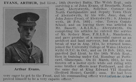 Evans A 2nd Lt 18th Welsh Regiment Obit