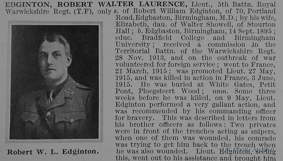 Edginton R W L Lt 5th Royal Warwickshire Regiment Obit Part 1
