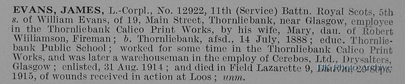 Evans J L/Cpl 12922 11th Royal Scots Obit