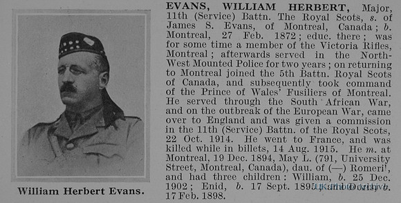 Evans W H Major 11th Royal Scots Obit