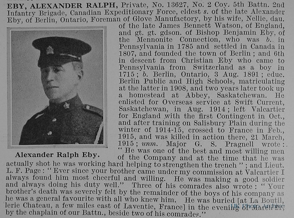 Eby A R Pte 13627 5th Canadian Expeditionary Force Obit
