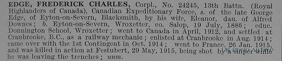 Edge F C Cpl 24245 13th Canadian Expeditionary Force Obit