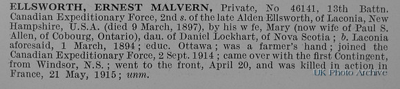 Ellsworth E M Pte 46141 13th Canadian Expeditionary Force Obit
