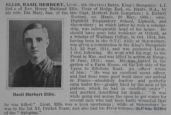 Ellis B H Lt 5th Kings Shropshire Light Infantry Obit