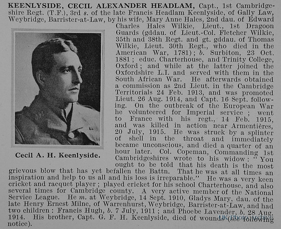 Keenlyside C A H Captain 1st Cambridgeshire Regiment Obit
