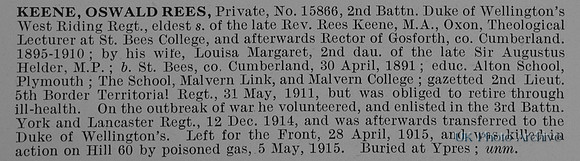 Keene O R Pte 15866 2nd West Riding Regiment Obit