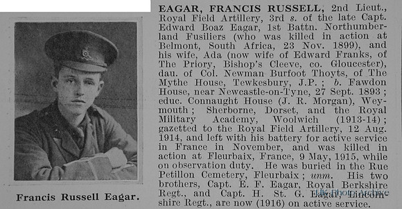 Eagar F R 2nd Lt Royal Field Artillery Obit