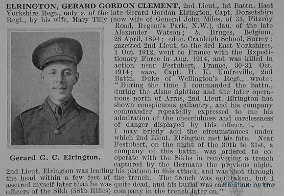 Elrington G G C 2nd Lt 1st East Yorkshire Regiment Obit
