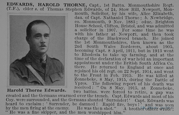 Edwards H T Captain 1st Monmouthshire Regiment Obit