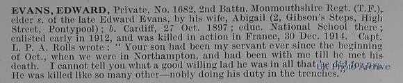 Evans E Pte 1682 2nd Monmouthshire Regiment Obit