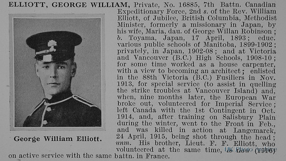 Elliott G W Pte 16885 7th Canadian Expeditionary Force Obit
