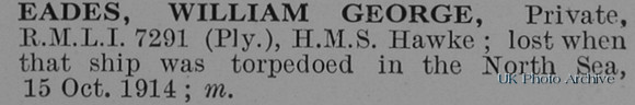 Eades  G Pte 7291 HMS Hawke Royal Marine Light Infantry Obit