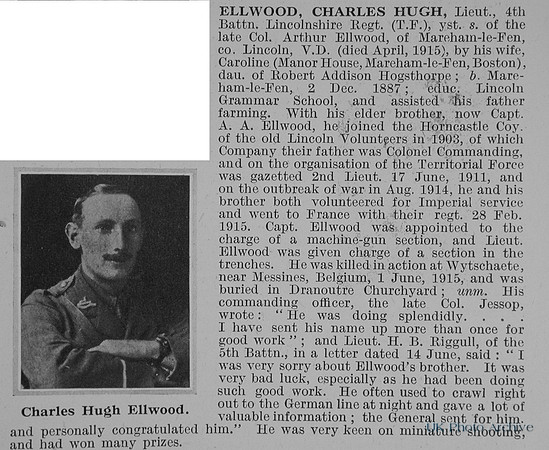 Ellwood C H Lt 4th Lincolnshire Regiment Obit