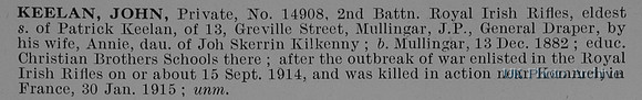 Keelan J Pte 14908 2nd Royal Irish Rifles Obit