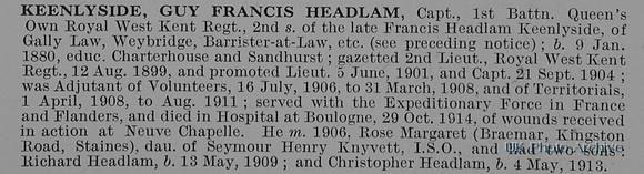 Keenlyside G F H Captain 1st Queens Royal West Kent Regiment Obit
