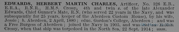 Edwards H M C Artificer 326 HMS Cressy Royal Naval Reserve Obit