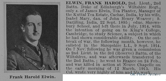 Elwin F H 2nd Lt 2nd Wiltshire Regiment Obit