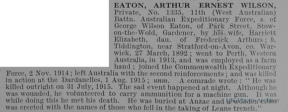 Eaton A E W Pte 1335 11th Australian Imperial Force Obit
