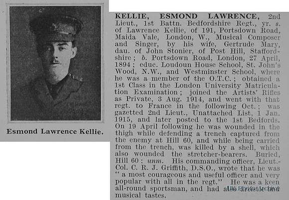 Kellie E L 2nd Lt 1st Bedfordshire Regiment Obit