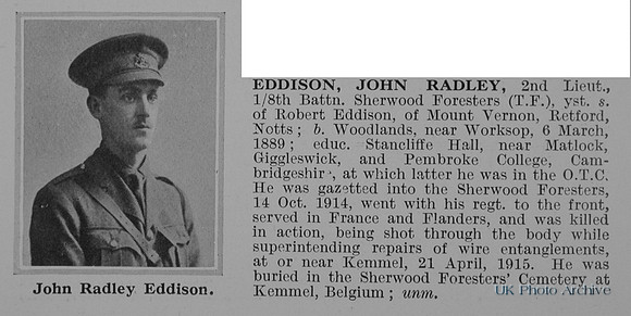 Eddison J R 2nd Lt 8th Notts And Derby Regiment Obit