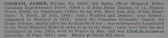 Ingram J Pte 63467 3rd Canadian Expeditionary Force Obit