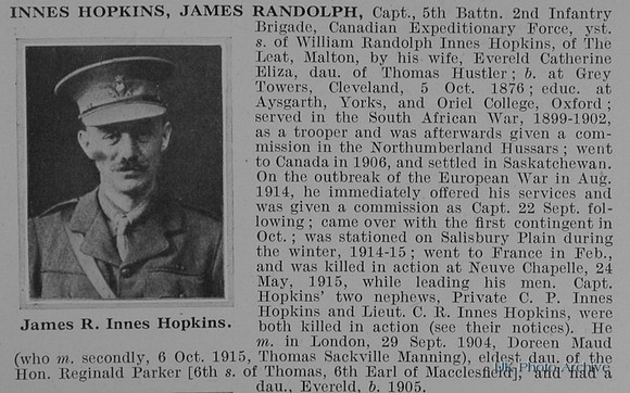 Innes-Hopkins J R Captain 5th Canadian Expeditionary Force Obit