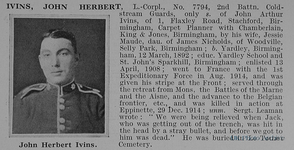 Ivins J H L/Cpl 7794 2nd Coldstream Guards Obit
