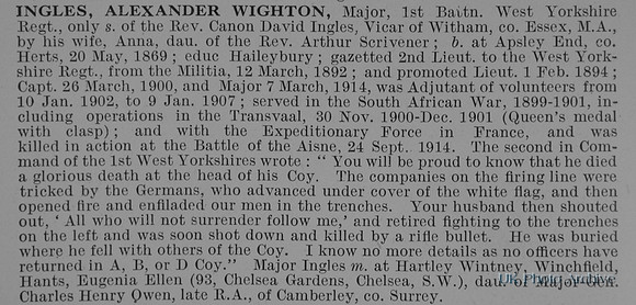 Ingles A W Major 1st West Yorkshire Regiment Obit