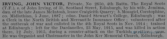 Irving J V Pte 2650 4th Royal Scots Obit