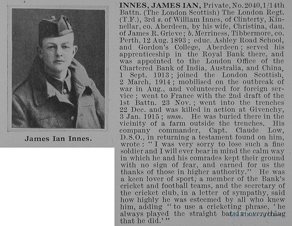 Innes J I Pte 2040 14th London Regiment Obit