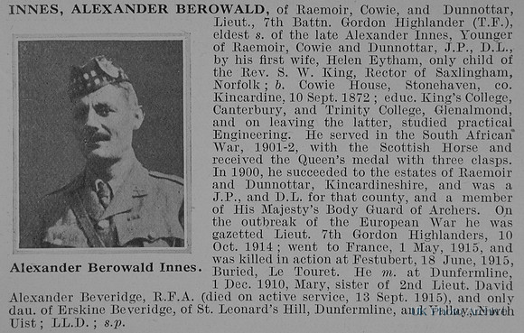 Innes A B Lt 7th Gordon Highlanders Obit